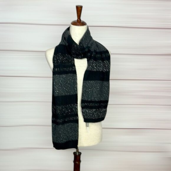 NWOT Eric Bompard Cashmere Long Scarf Knit Black and Silver 74x10” - Picture 6 of 9